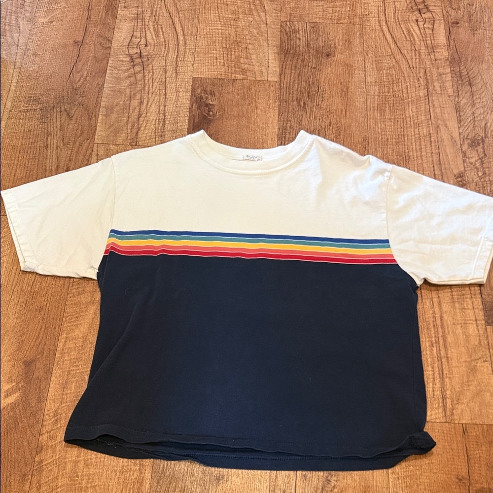 Women’s Brandy Melville John Galt rainbow stripe navy white tshirt one size